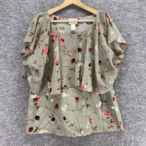 Renaissance Blouse Women L Large Gray Floral Round Neck Layered Short Sleeve